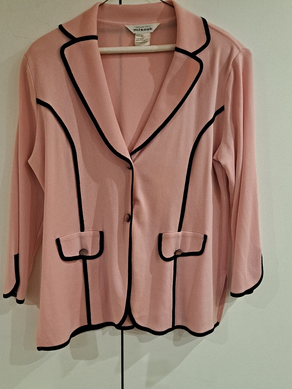 Misook Pink Black-Trim Button Front Knit Old Money Jacket NWOT